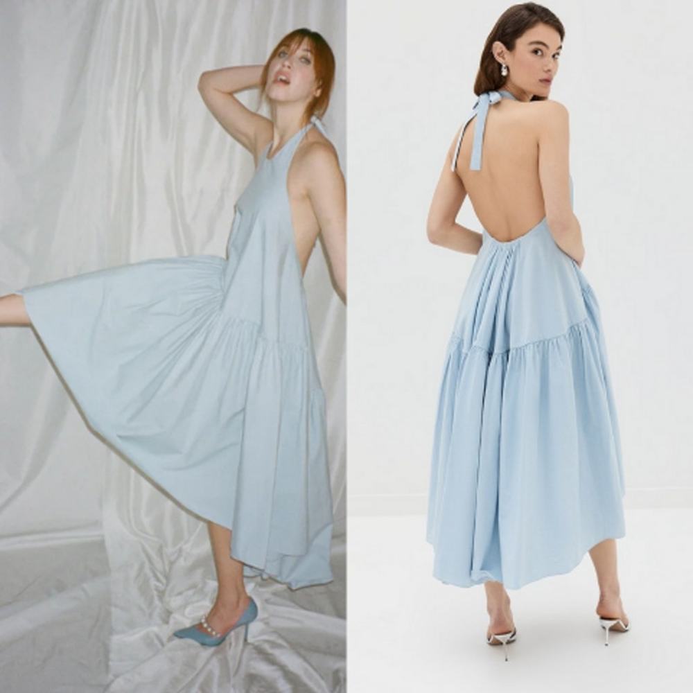 Light Blue Halter Midi Dress with Open Back